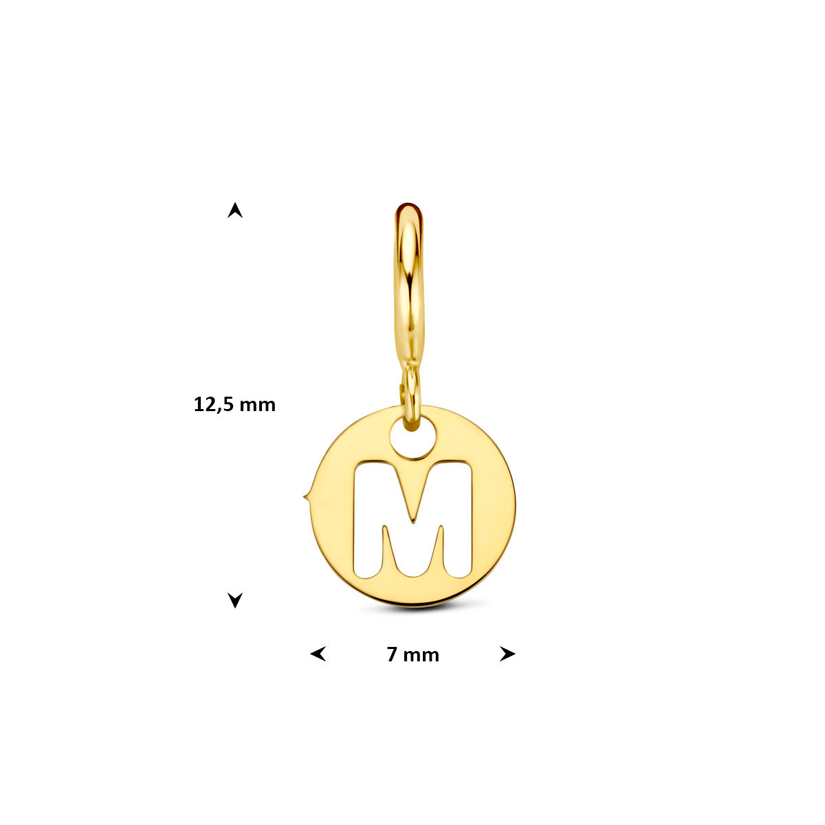 Letter bedel: afmetingen van de 9 karaat geelkleurige ronde letter slotbedel, letter M, 12,5 mm hoog inclusief oog en 7,0 mm doorsnee.