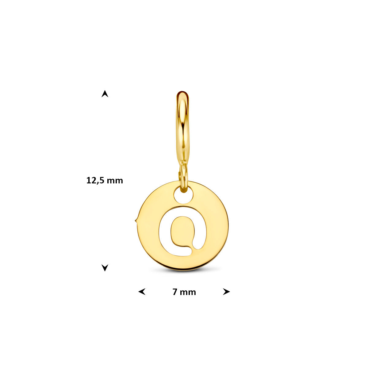Letter bedel: afmetingen van de 9 karaat geelkleurige ronde letter slotbedel, letter O, 12,5 mm hoog inclusief oog en 7,0 mm doorsnee.
