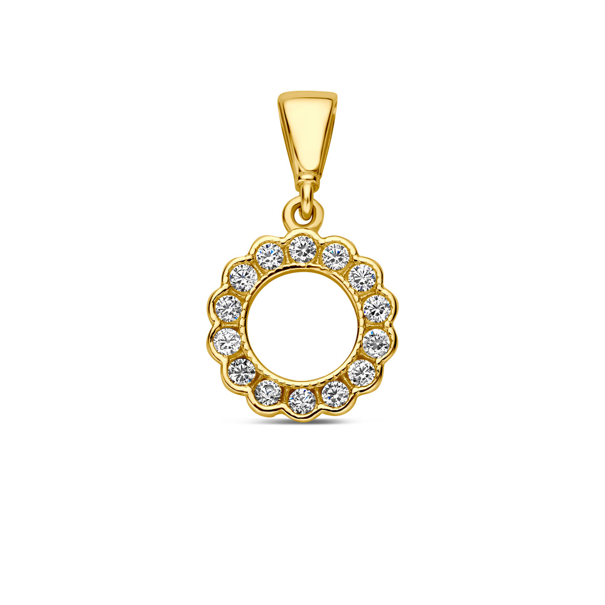 Vooraanzicht van de geelkleurige ronde hanger met zirkonia van 9 karaat.