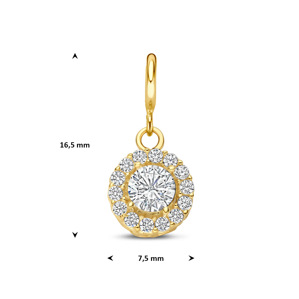 Bedel: afmetingen van de 9 karaat geelkleurige ronde slotbedel met zirkonia, 16,5 mm hoog inclusief oog en 7,5 mm doorsnee.