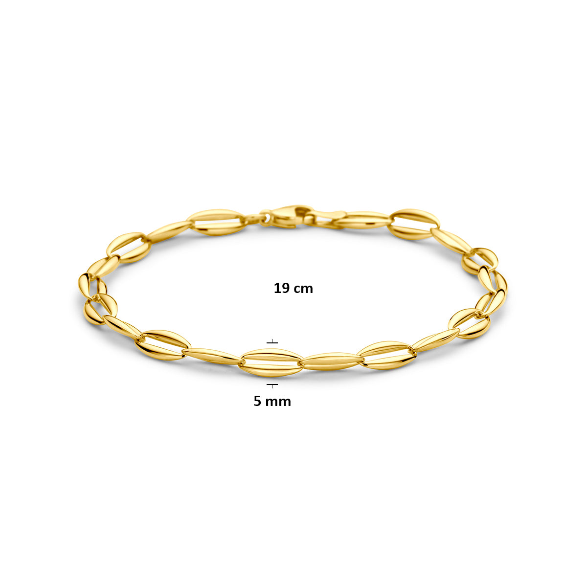 9 karaat armband: afmetingen van de 9 karaat geelkleurige schakelarmband, schakel van 5,0 mm breed en lengte 19 cm.