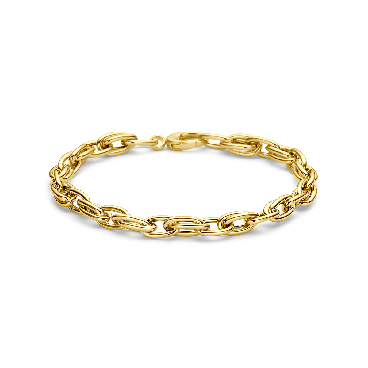 9 karaat armband: vooraanzicht van de 9 karaat geelkleurige schakelarmband.