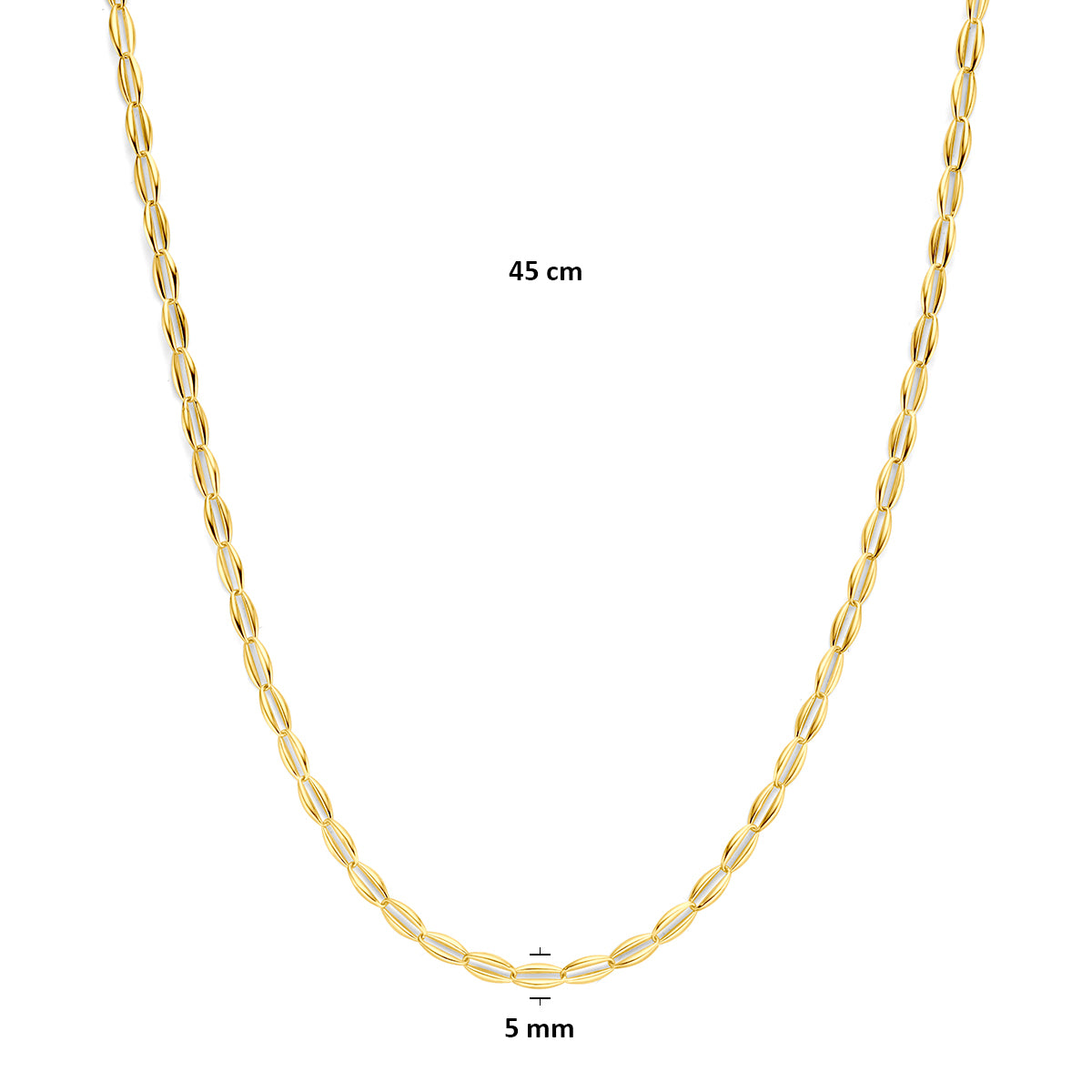 9 karaat ketting: afmetingen van de 9 karaat geelkleurige schakelketting, schakel van 5,0 mm breed en lengte 45 cm.