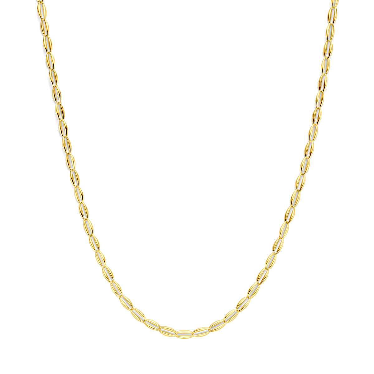 9 karaat ketting: vooraanzicht van de 9 karaat geelkleurige schakelketting.