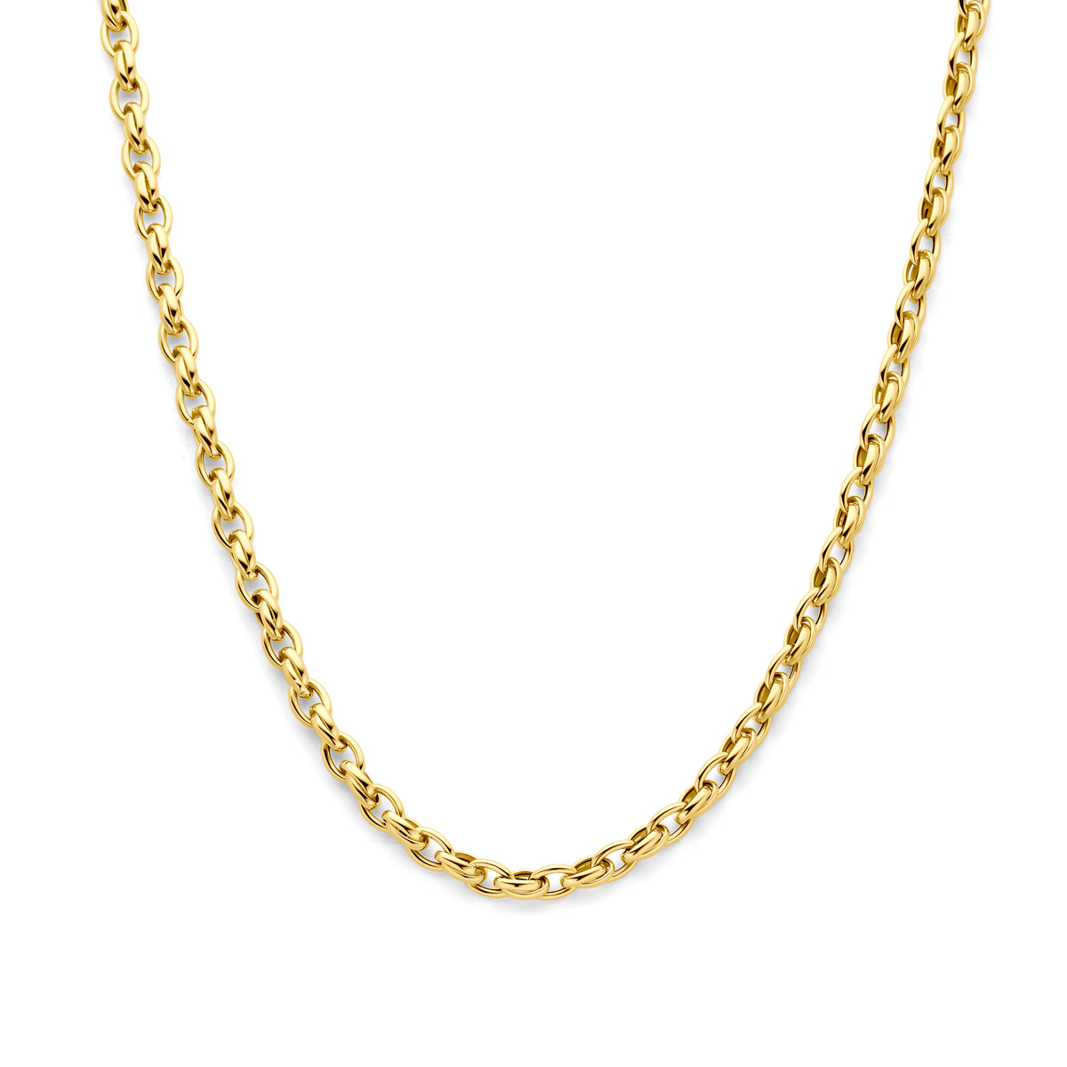 Vooraanzicht van de 9 karaat geelkleurige schakelketting.