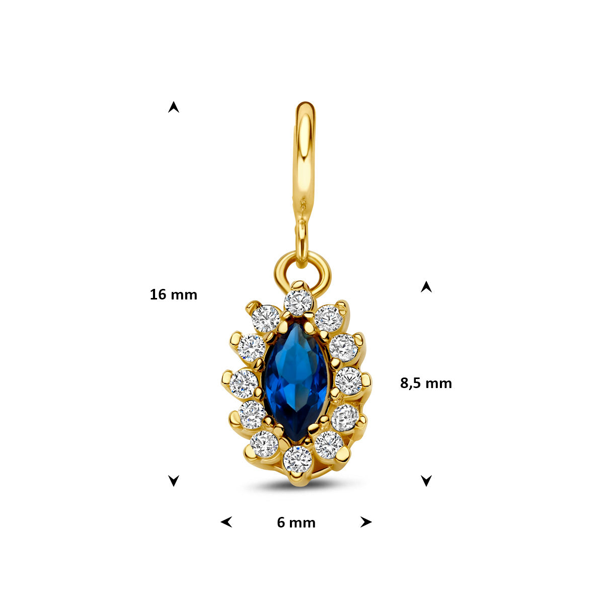 Bedel: afmetingen van de 9 karaat geelkleurige slotbedel met blauwe en witte zirkonia, 16,0 mm hoog inclusief oog en 6,0 mm breed.