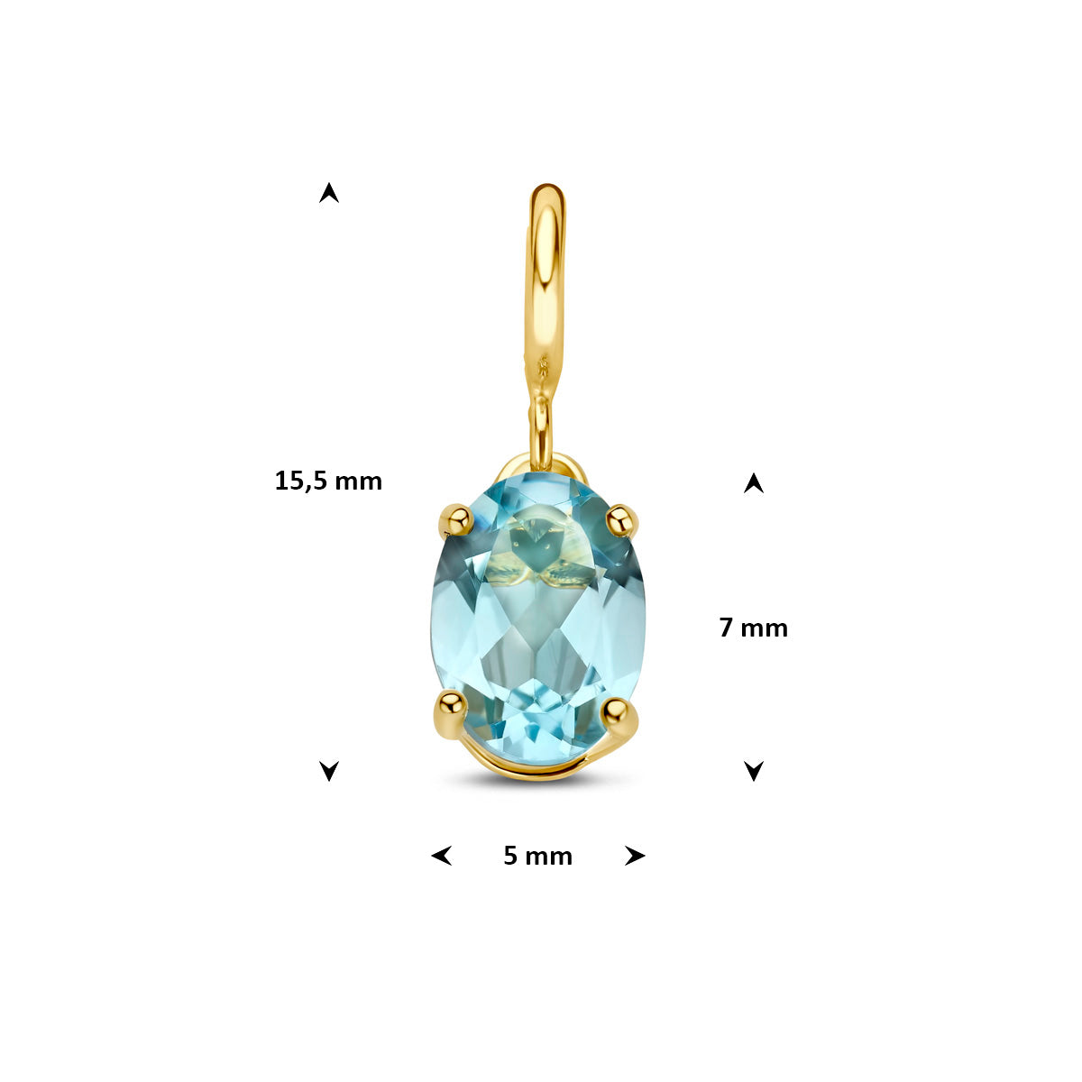 Bedel: afmetingen van de 9 karaat geelkleurige slotbedel met lichtblauwe zirkonia, 15,5 mm hoog inclusief oog en 5,0 mm breed.