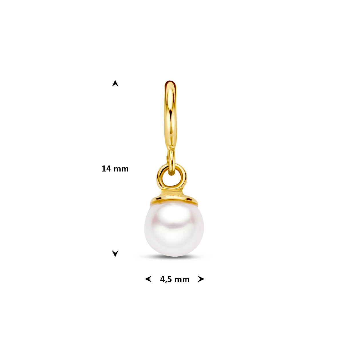 Parel bedel: afmetingen van de 9 karaat geelkleurige slotbedel met parel, doorsnee 4,5 mm, 14,0 mm hoog inclusief oog.