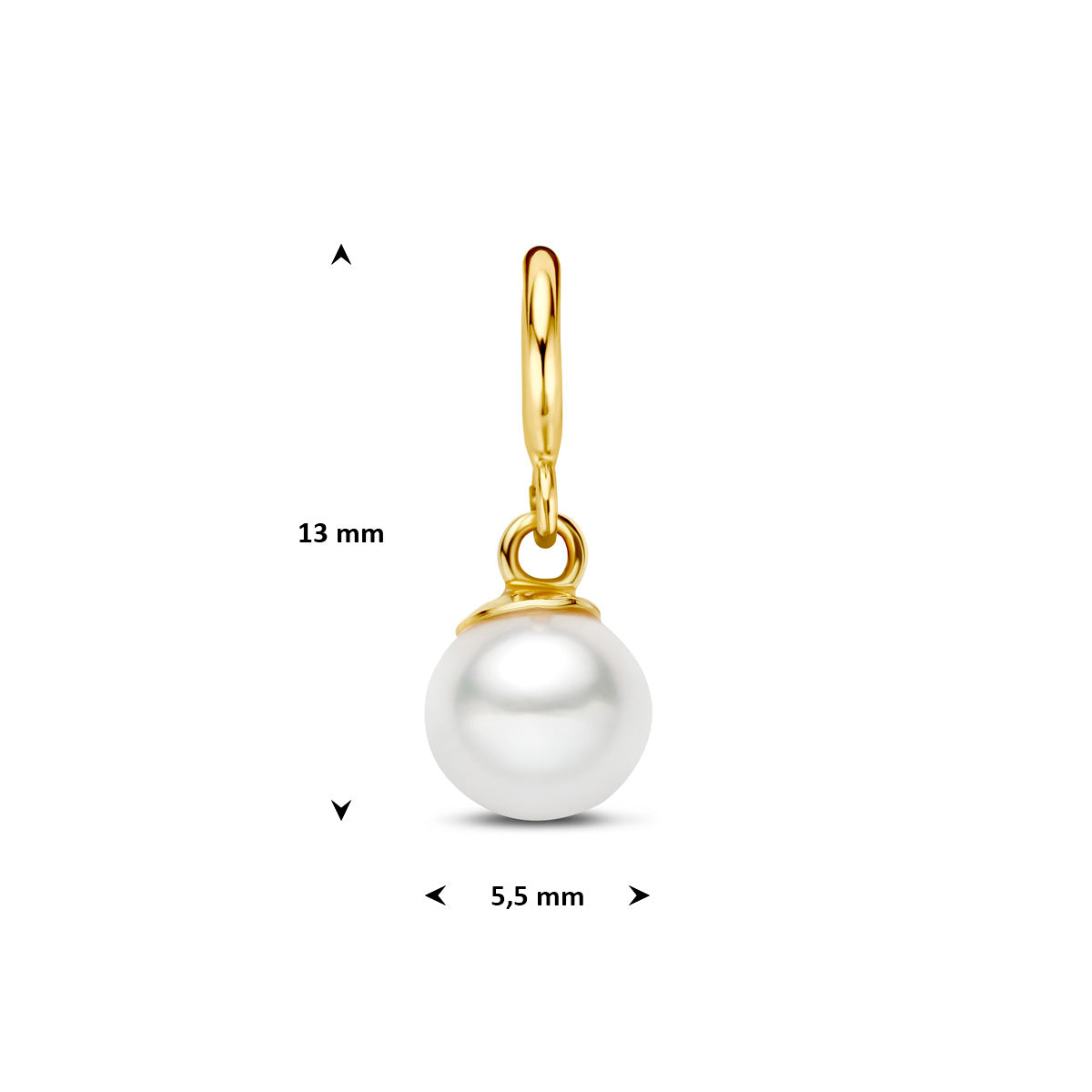 Parel bedel: afmetingen van de 9 karaat geelkleurige slotbedel met parel, doorsnee 5,5 mm, 13,0 mm hoog inclusief oog.