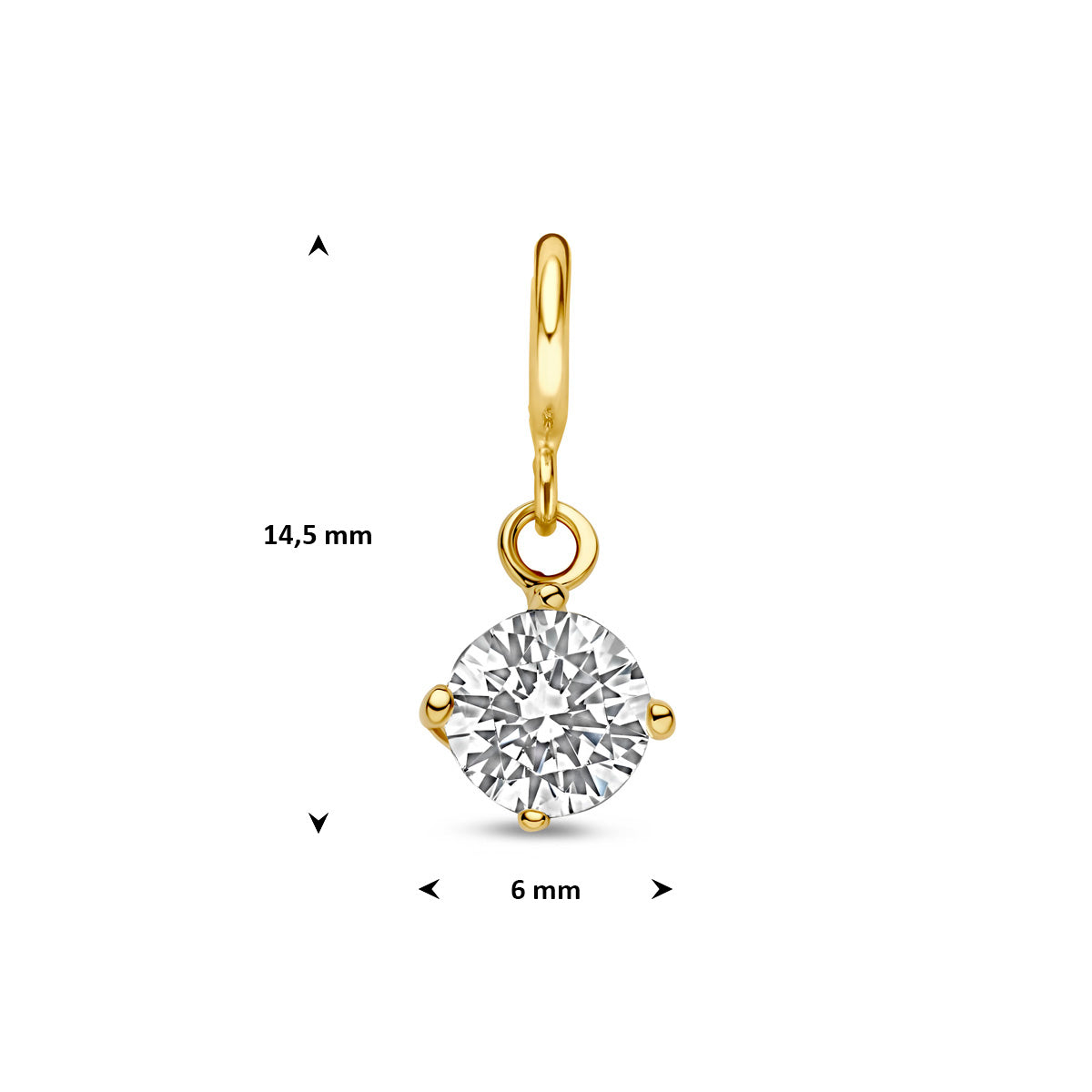 Bedel: afmetingen van de 9 karaat geelkleurige slotbedel met zirkonia, 14,5 mm hoog inclusief oog en 6,0 mm doorsnee.