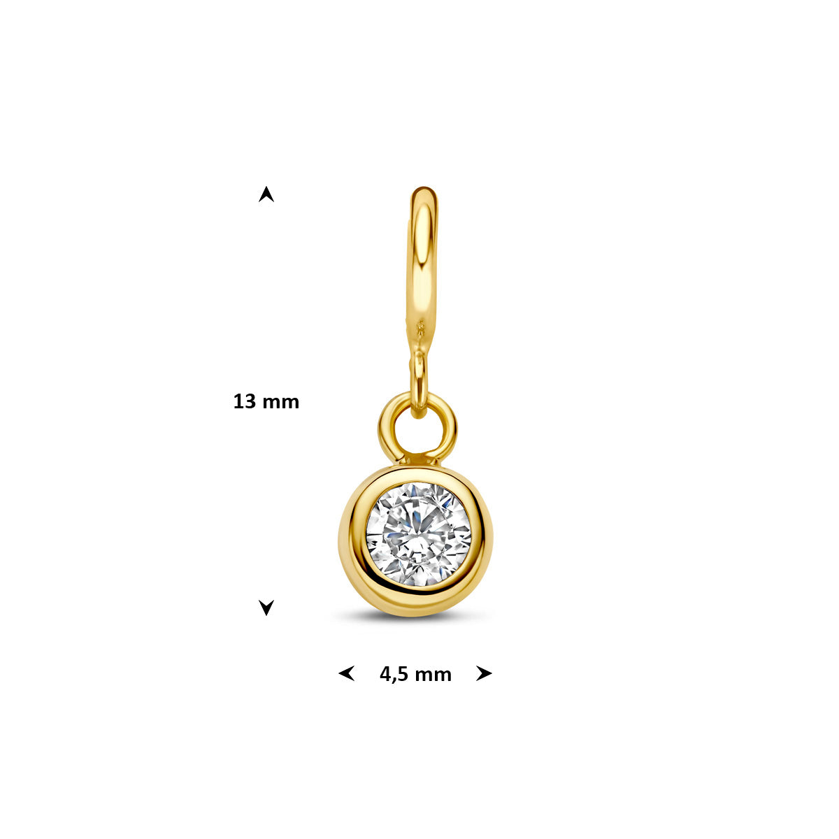 Bedel: afmetingen van de 9 karaat geelkleurige slotbedel met zirkonia in zetkast, 13,0 mm hoog inclusief oog en 4,5 mm doorsnee.