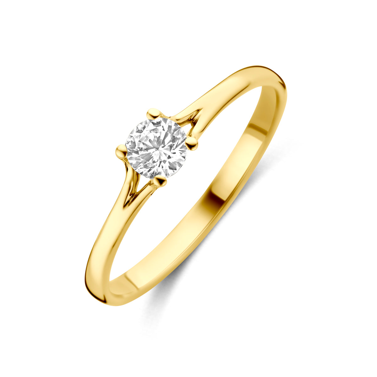 Schuin bovenaanzicht van de geelkleurige 9 karaat solitair ring met zirkonia.