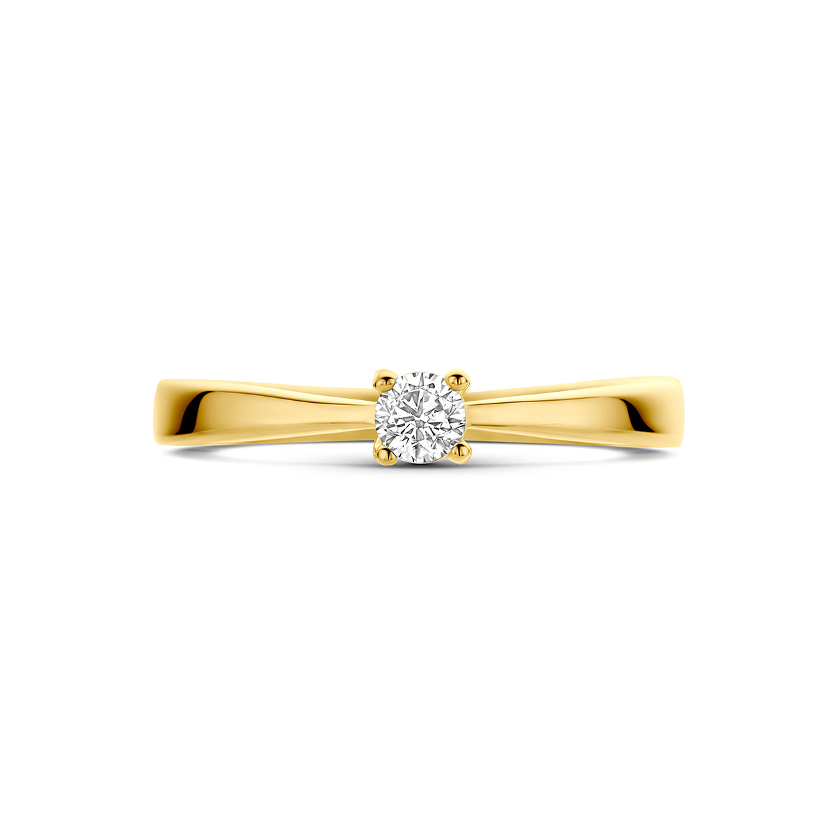Ring met zirkonia: bovenaanzicht van de 9 karaat geelkleurige solitair ring met zirkonia.