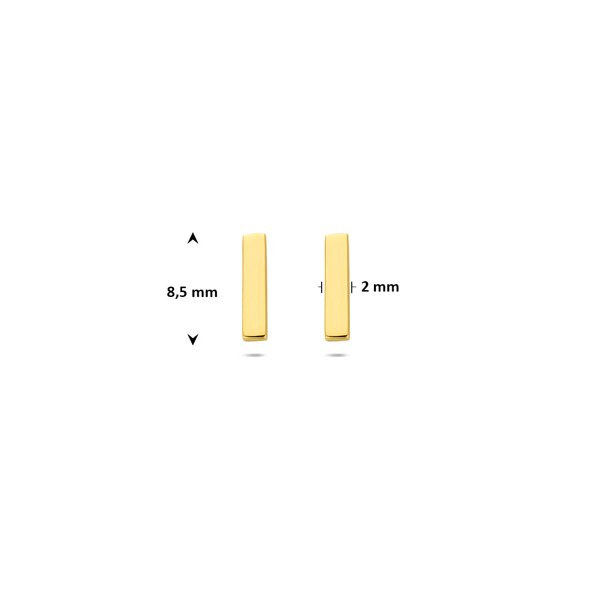 Afmetingen van de geelkleurige staafjes oorknopjes van 9 karaat: 8,5 mm hoog en 2 mm breed.