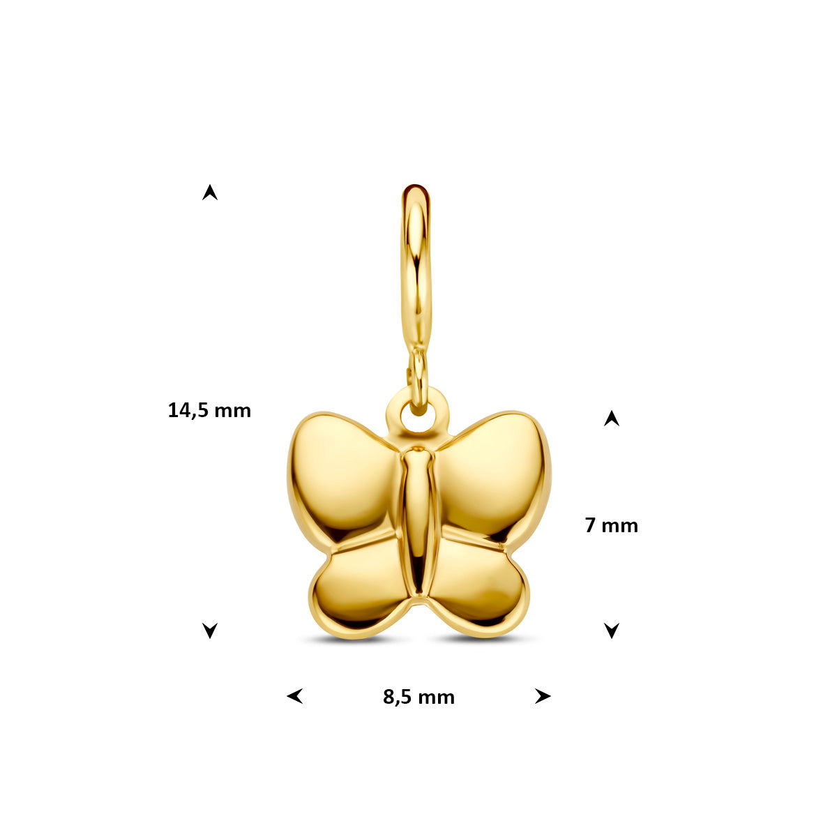 Vlinder bedel: afmetingen van de 9 karaat geelkleurige vlinder slotbedel, 14,5 mm hoog inclusief oog en 8,5 mm breed.
