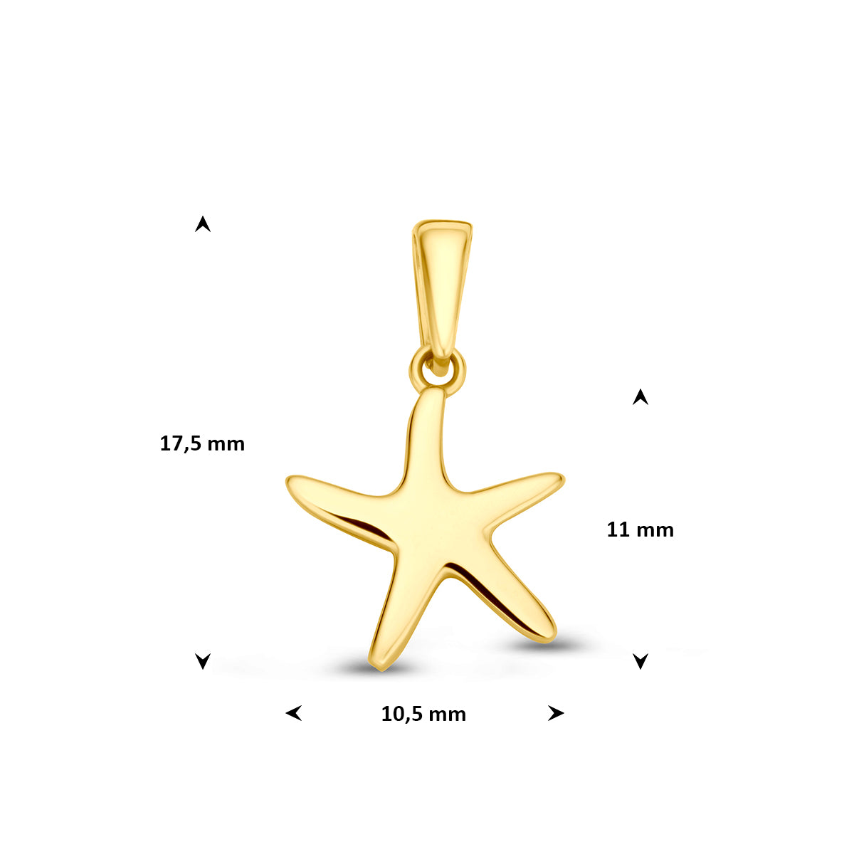 Zeester hanger: afmetingen van de 9 karaat geelkleurige zeester hanger, 17,5 mm hoog inclusief oog en 10,5 mm breed.