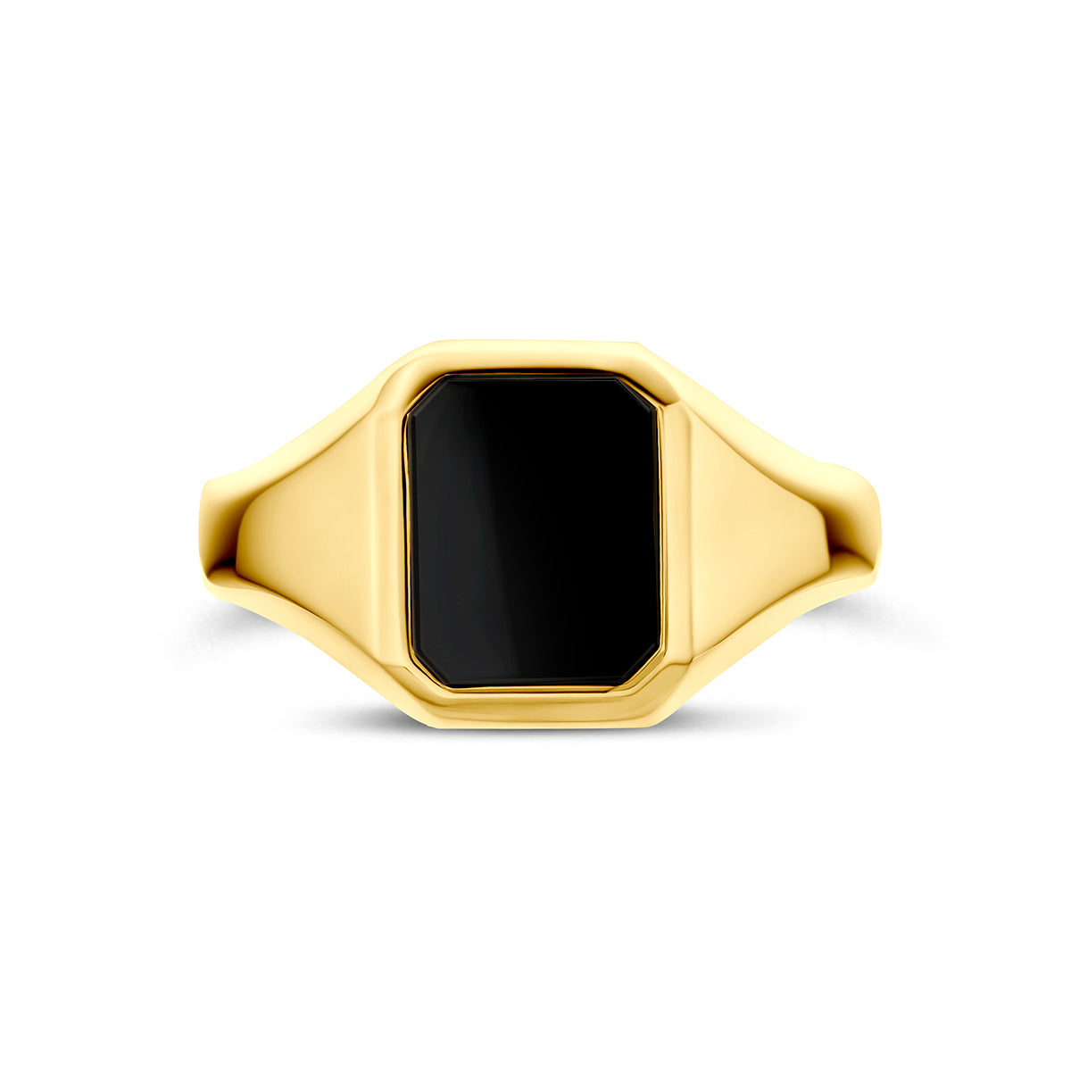 Onyx zegelring: bovenaanzicht van de 9 karaat geelkleurige zegelring met onyx.