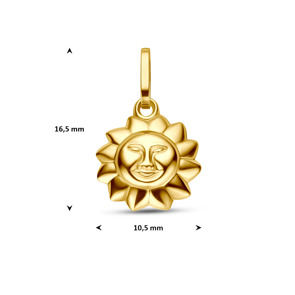Hanger voor ketting: afmetingen van de 9 karaat geelkleurige zon hanger, 16,5 mm hoog inclusief oog en 10,5 mm breed.