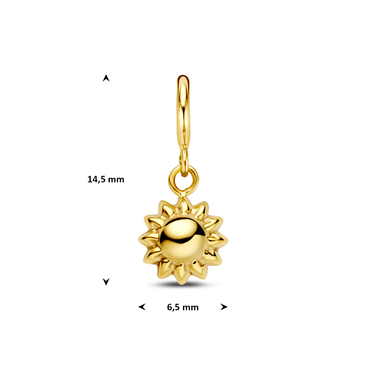 Bedel zon: afmetingen van de 9 karaat geelkleurige zon slotbedel, 14,5 mm hoog inclusief oog en 6,5 mm doorsnee.