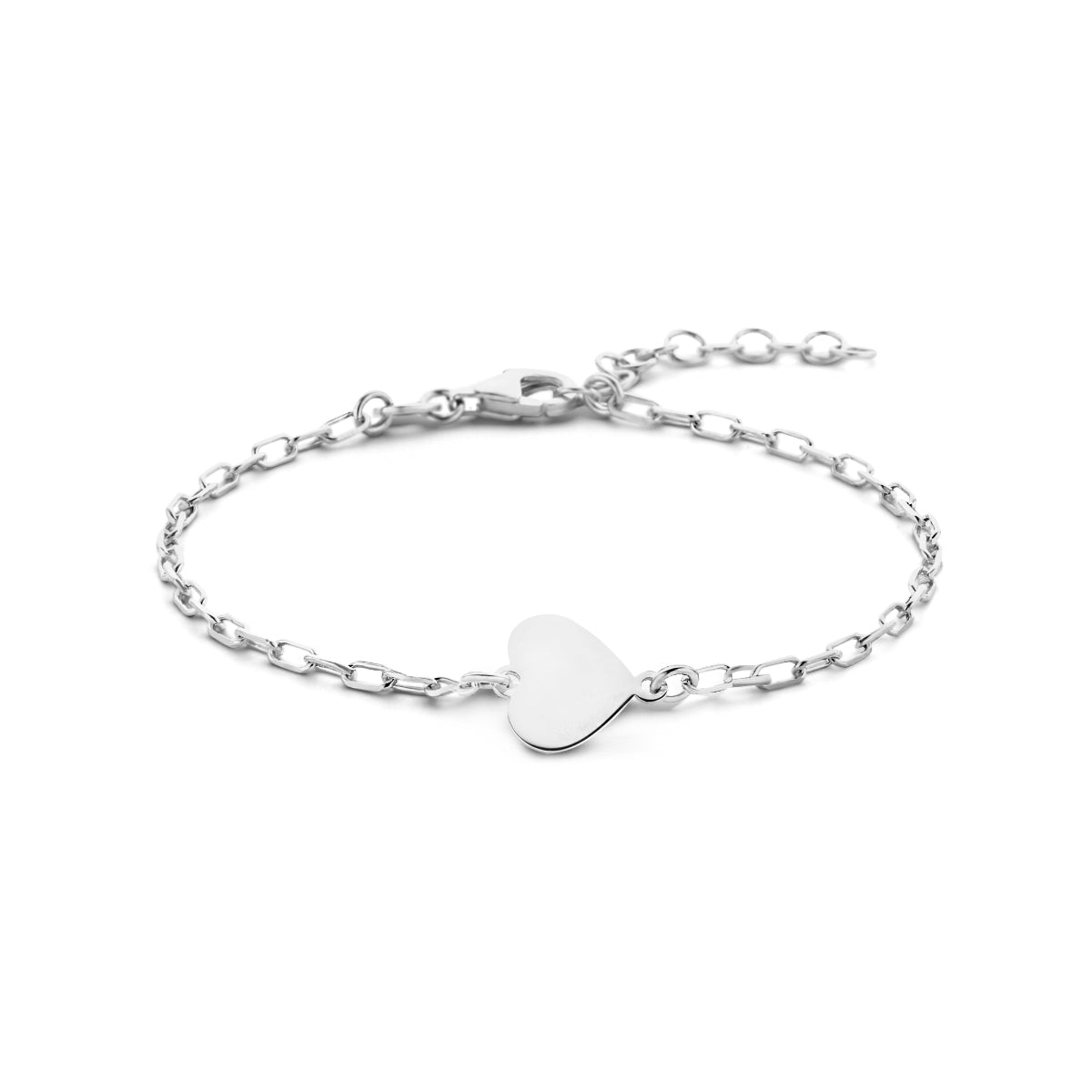 Vooraanzicht van de 925 gerhodineerd zilveren armband met dicht hartje, 16 cm lang met verlengstuk tot 19 cm.