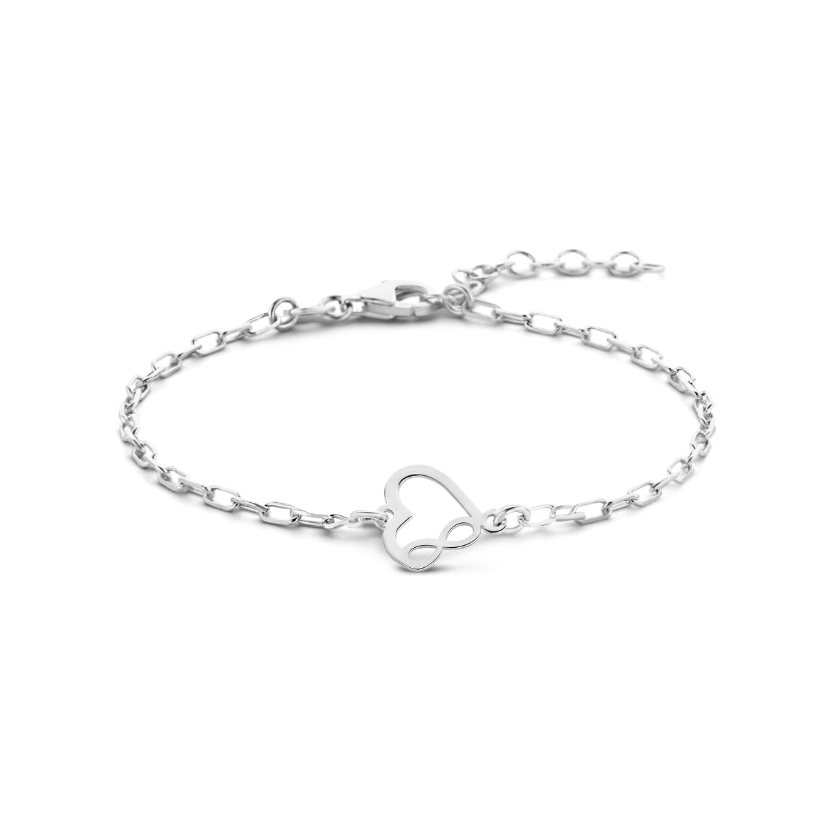 Vooraanzicht van de 925 gerhodineerd zilveren armband met hart en infinity, 16 cm lang met verlengstuk tot 19 cm.