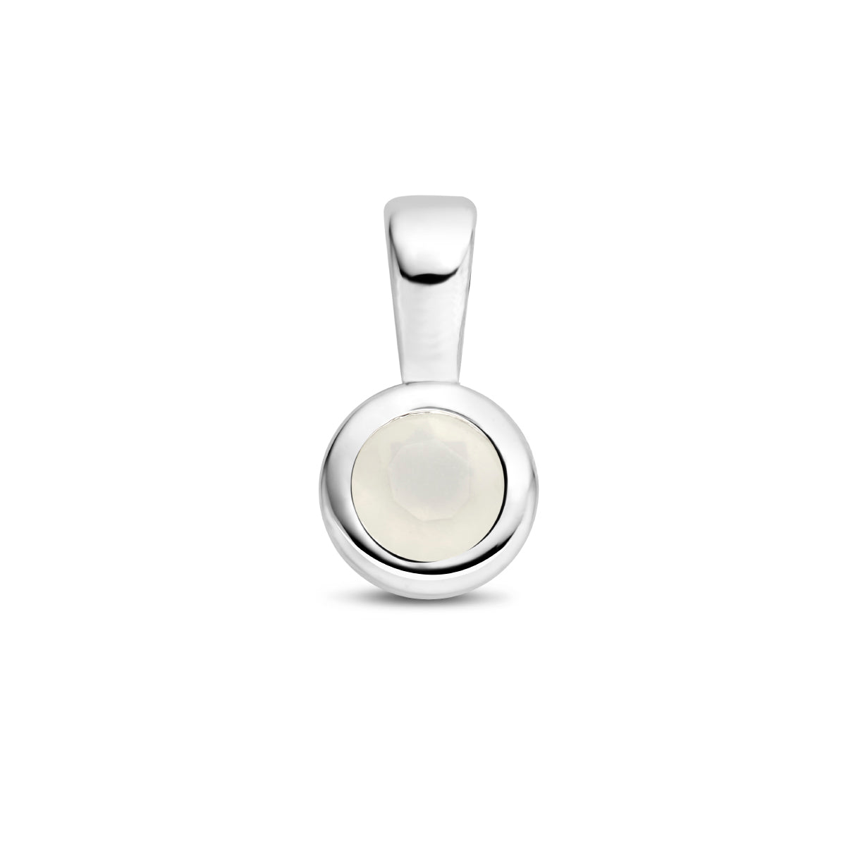 Vooraanzicht van de 925 gerhodineerd zilveren geboortesteenhanger juni, 11 mm hoog en 5,5 mm breed.