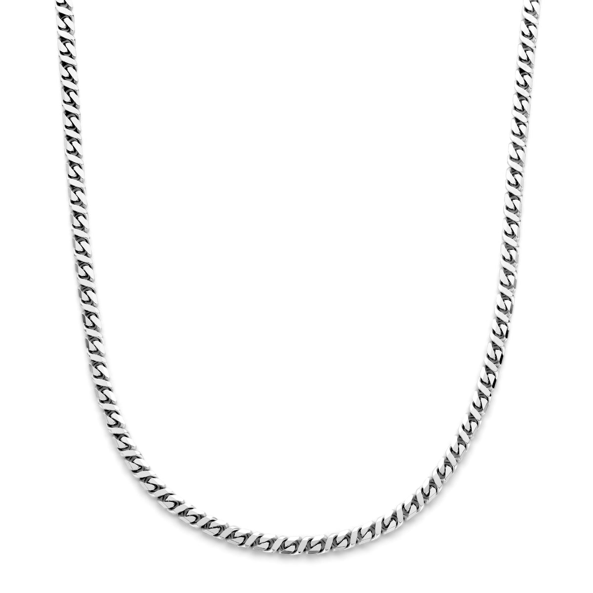 Vooraanzicht van de 925 gerhodineerd zilveren herenketting gourmette, verkrijgbaar in 50 en 60 cm.