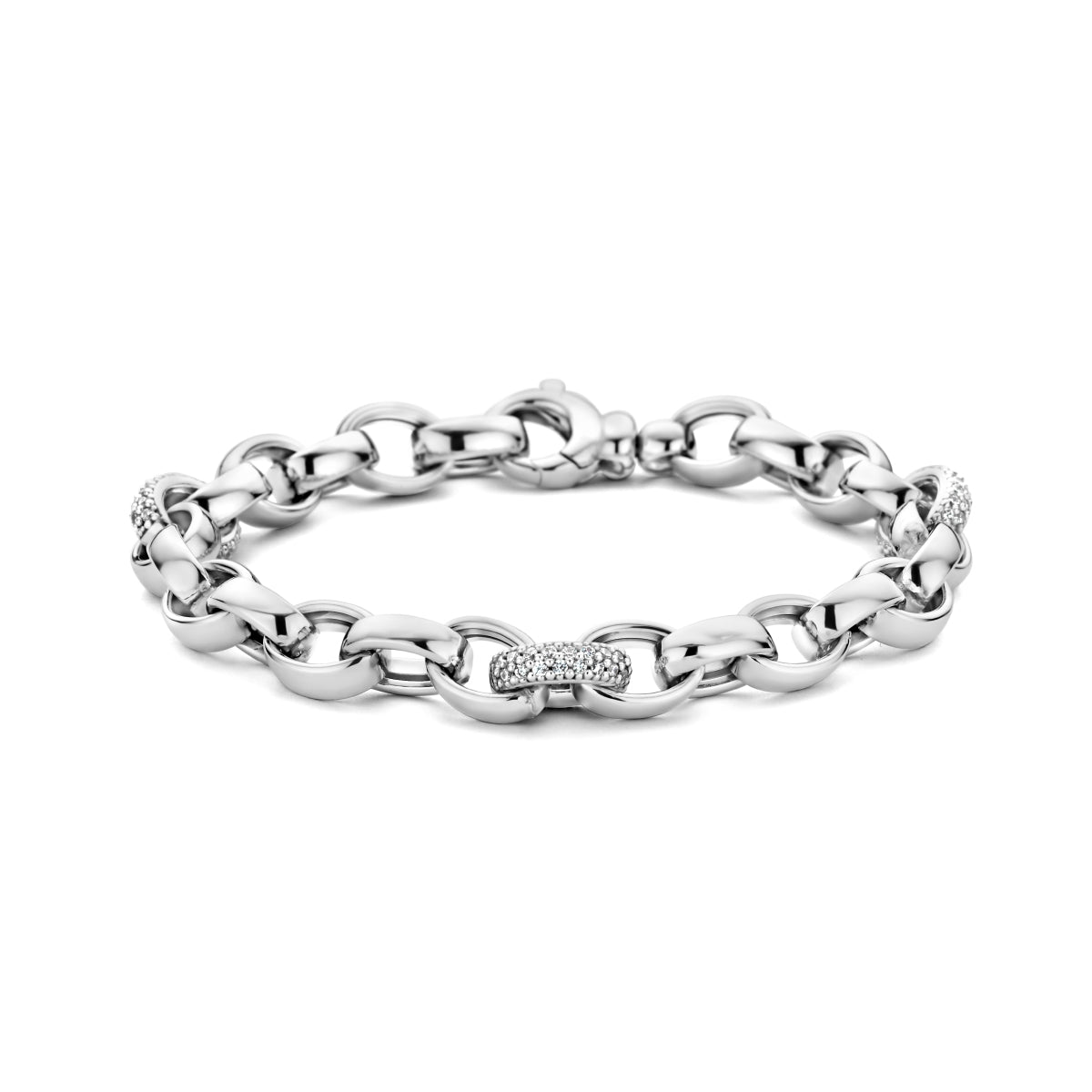 Vooraanzicht van de 925 gerhodineerd zilveren jasseron armband met zirkonia, 19 cm lang.