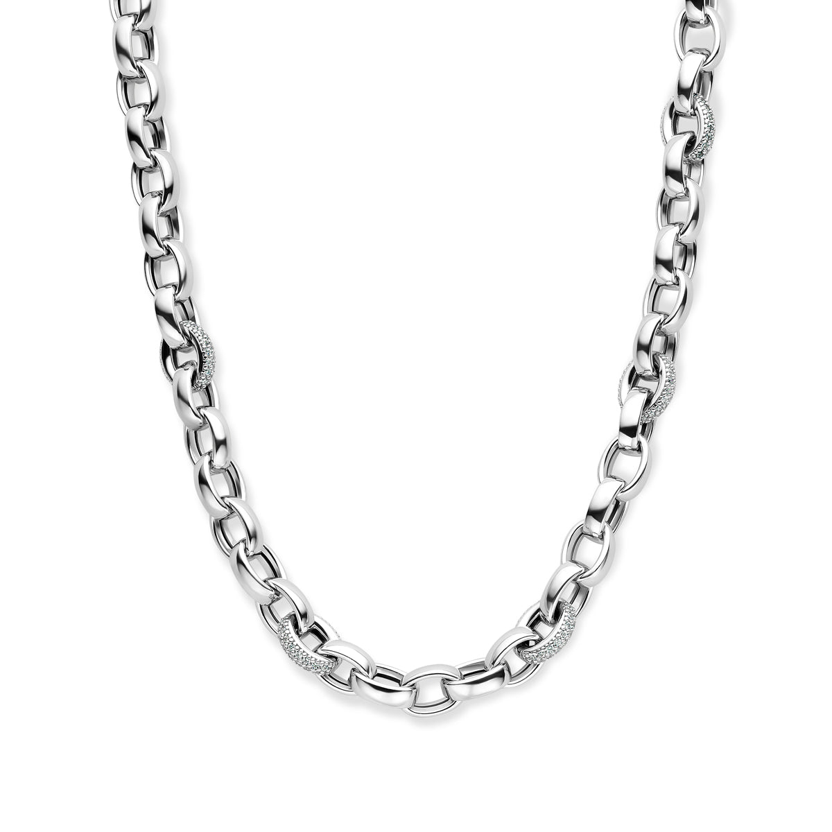 Vooraanzicht van de 925 gerhodineerd zilveren jasseron ketting, 45 cm lang.