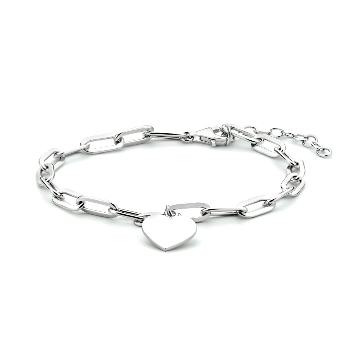 Vooraanzicht van de 925 gerhodineerd zilveren paperclip armband met hart, 16 cm lang met verlengstuk tot 19 cm.
