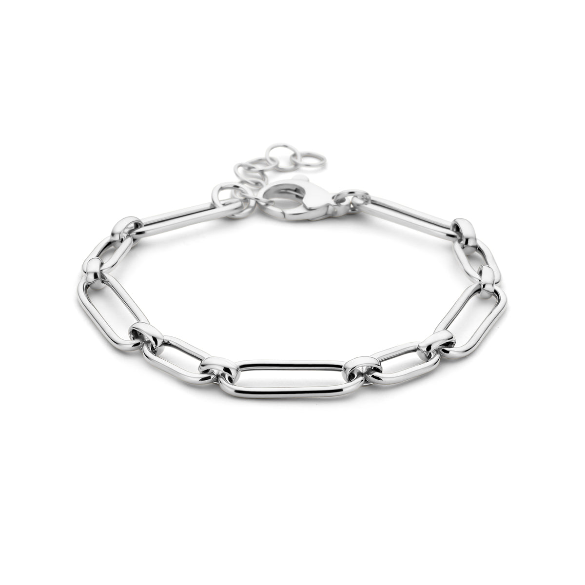 Vooraanzicht van de 925 gerhodineerd zilveren schakelarmband, 17 cm lang met verlengstuk tot 19 cm.