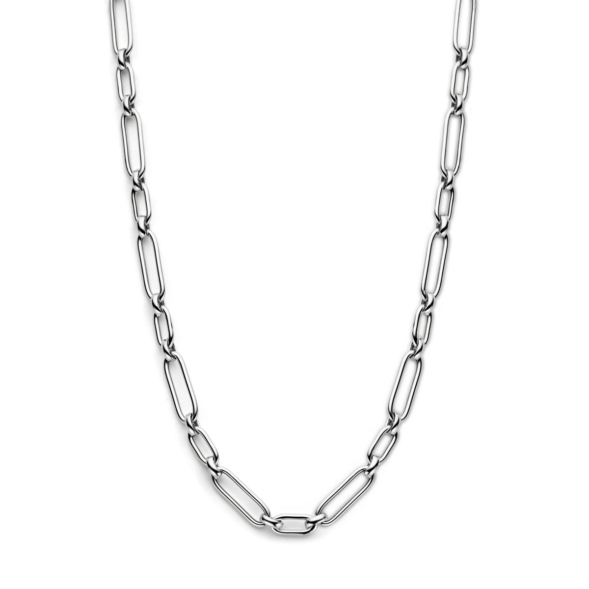 Vooraanzicht van de 925 gerhodineerd zilveren schakelketting, 42 cm lang met verlengstuk tot 45 cm.