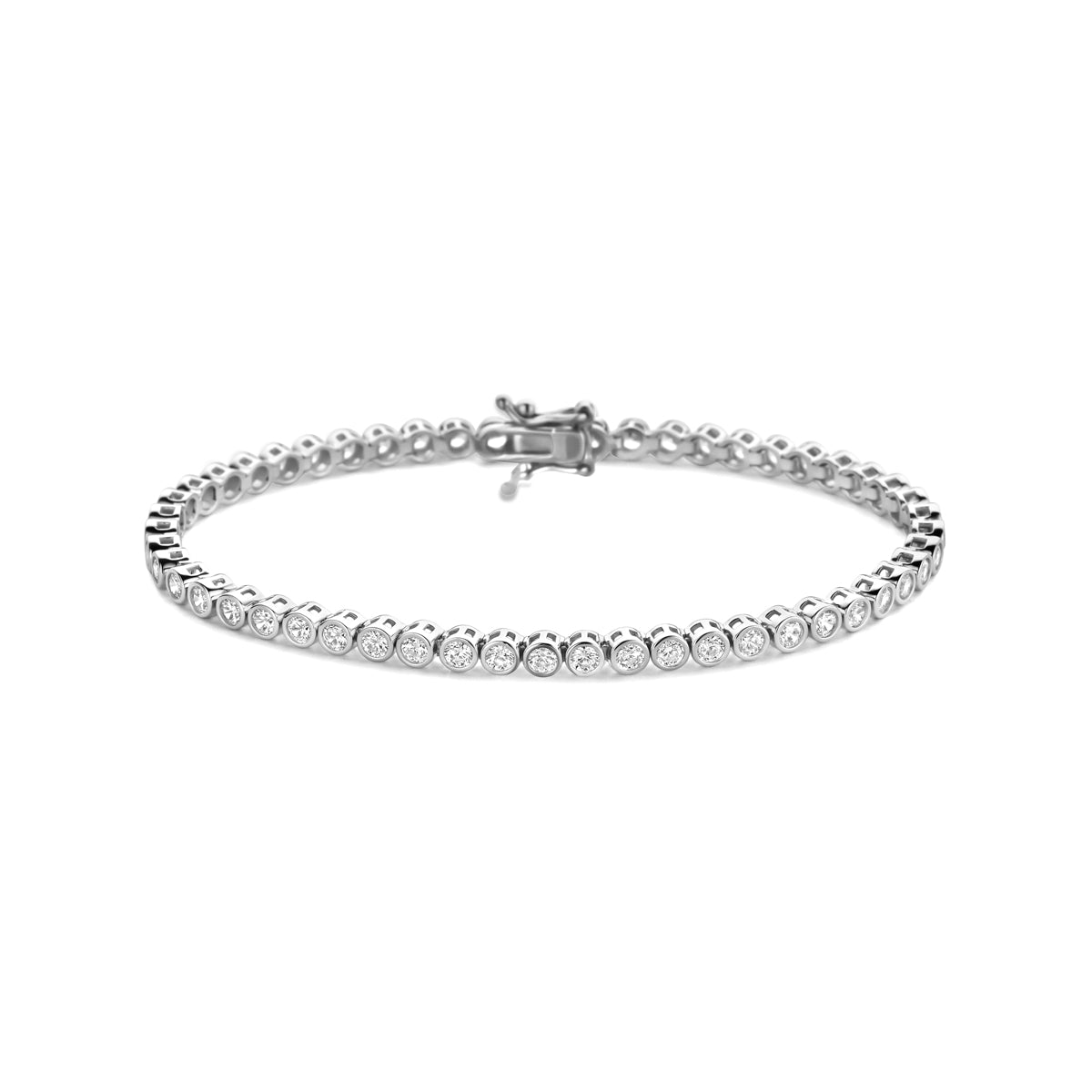 Vooraanzicht van de 925 gerhodineerd zilveren tennisarmband met zirkonia voor heren, 21 cm lang.