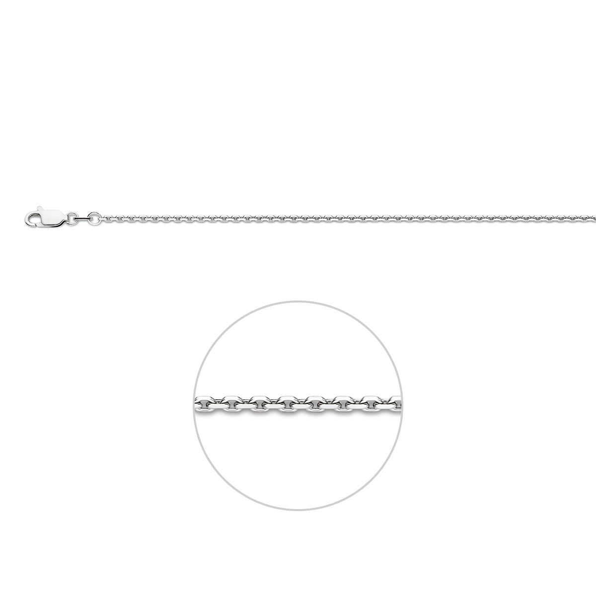 Zilveren ankerketting: 925 gerhodineerd zilveren gediamanteerde ankerhalsketting van 1,7 mm breed, vooraanzicht