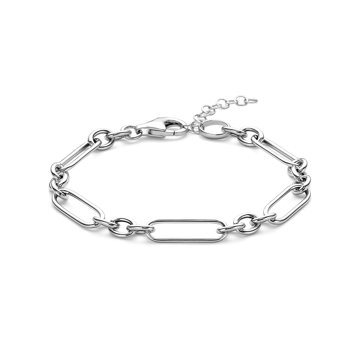 Vooraanzicht van de zilveren ankerarmband.
