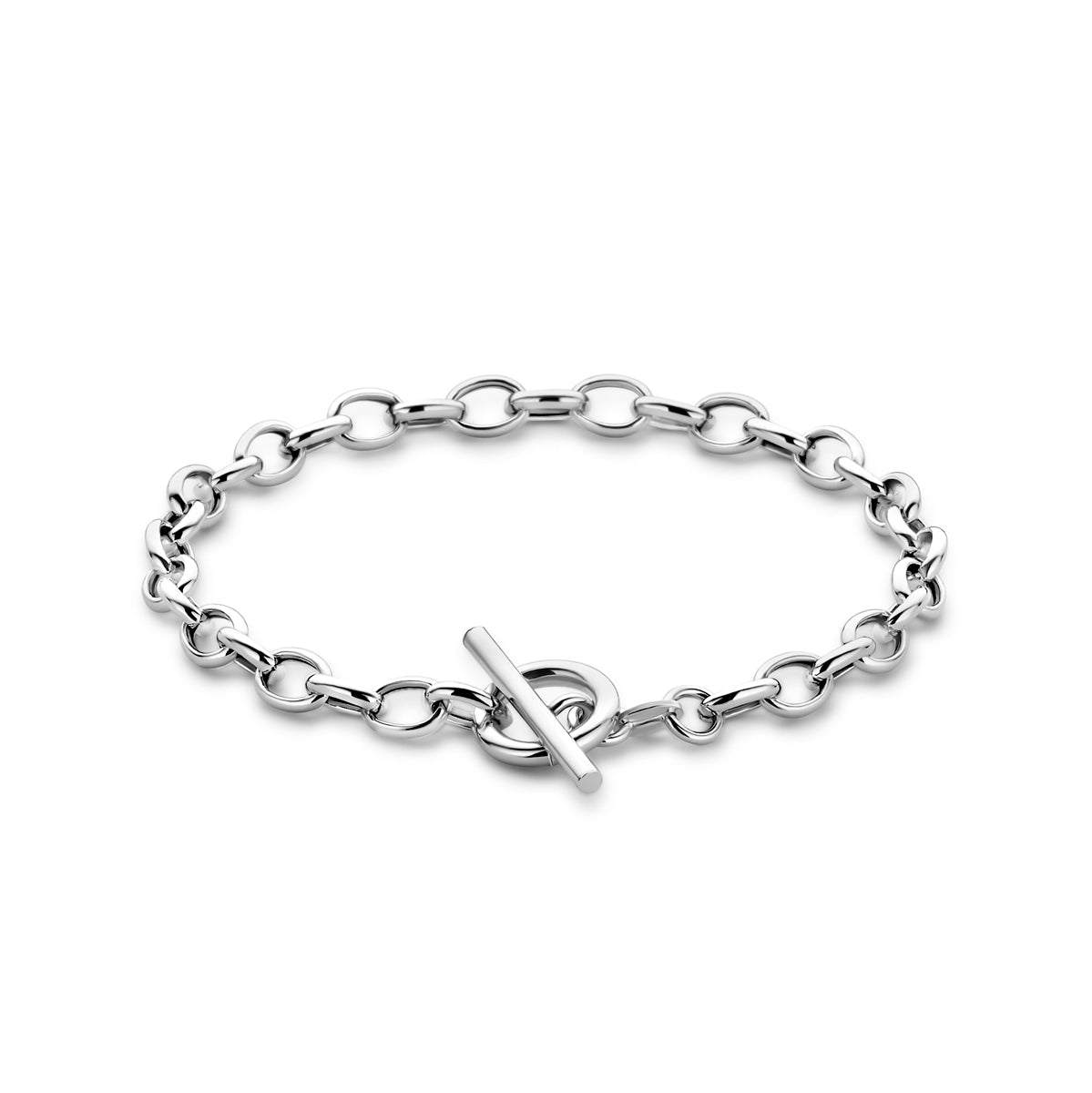 Vooraanzicht van de zilveren ankerarmband met kapittelslot.