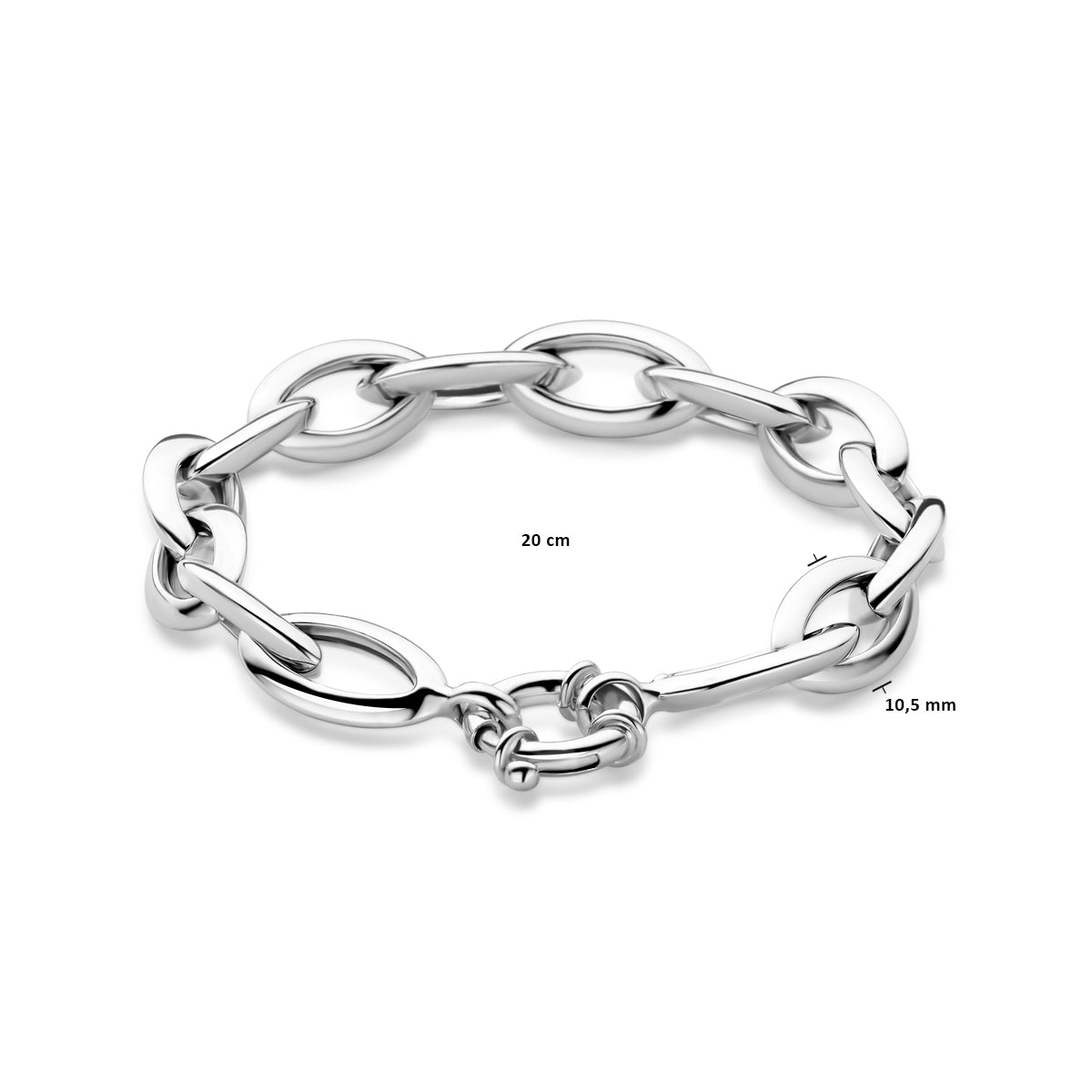 Afmetingen van de zilveren ankerarmband met groot veerslot: 20 cm lang en 10,5 mm breed.