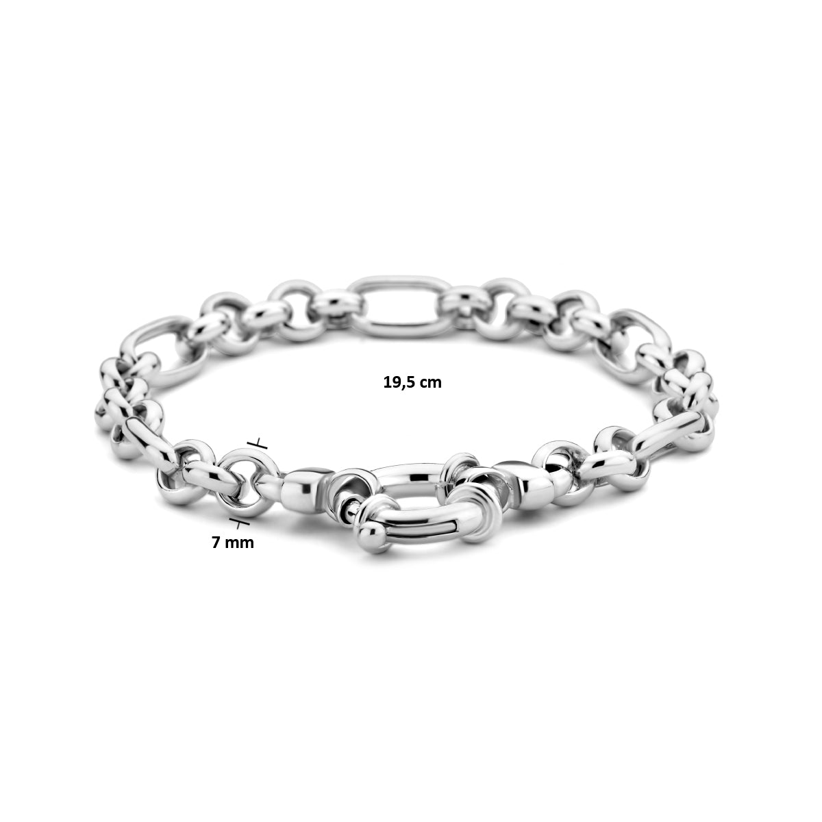 Afmetingen van de zilveren ankerarmband met veerslot: 19,5 cm lang en 7 mm breed.