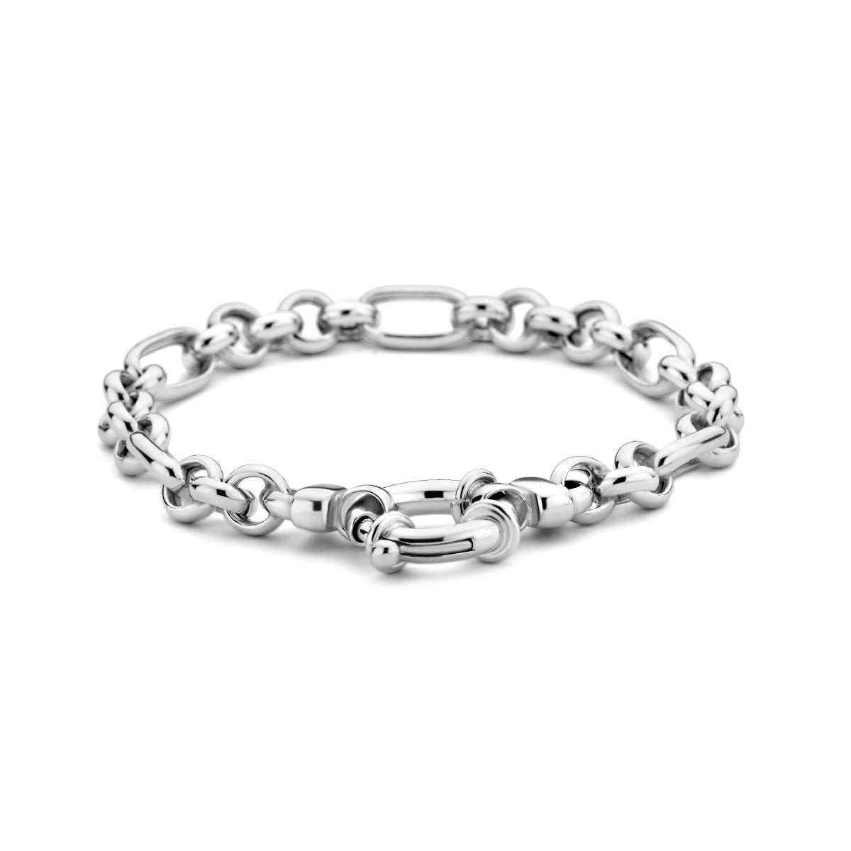 Vooraanzicht van de zilveren ankerarmband met veerslot.