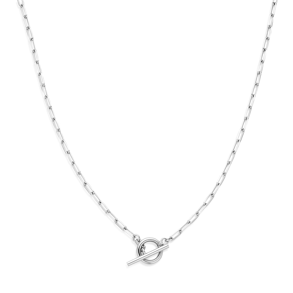 Vooraanzicht van de zilveren ankerketting.