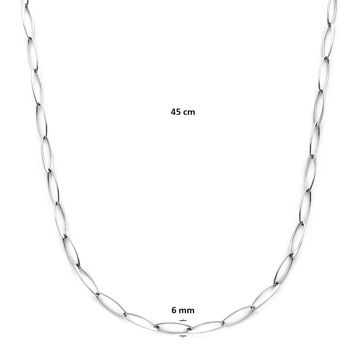 Afmetingen van de zilveren ankerketting: 45 cm lang en 6 mm breed.