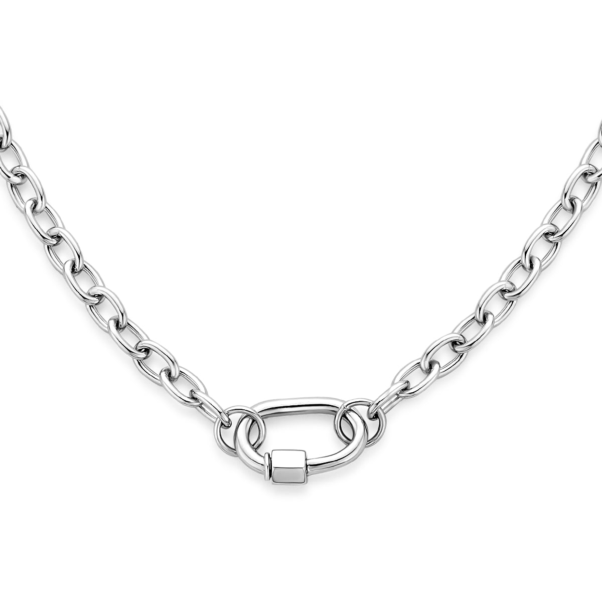 Vooraanzicht van de zilveren ankerketting met connector.