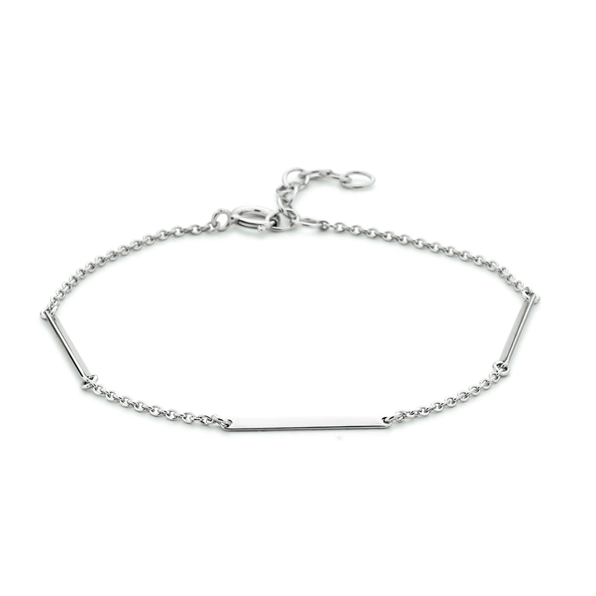 Vooraanzicht van de zilveren armband met balkjes.