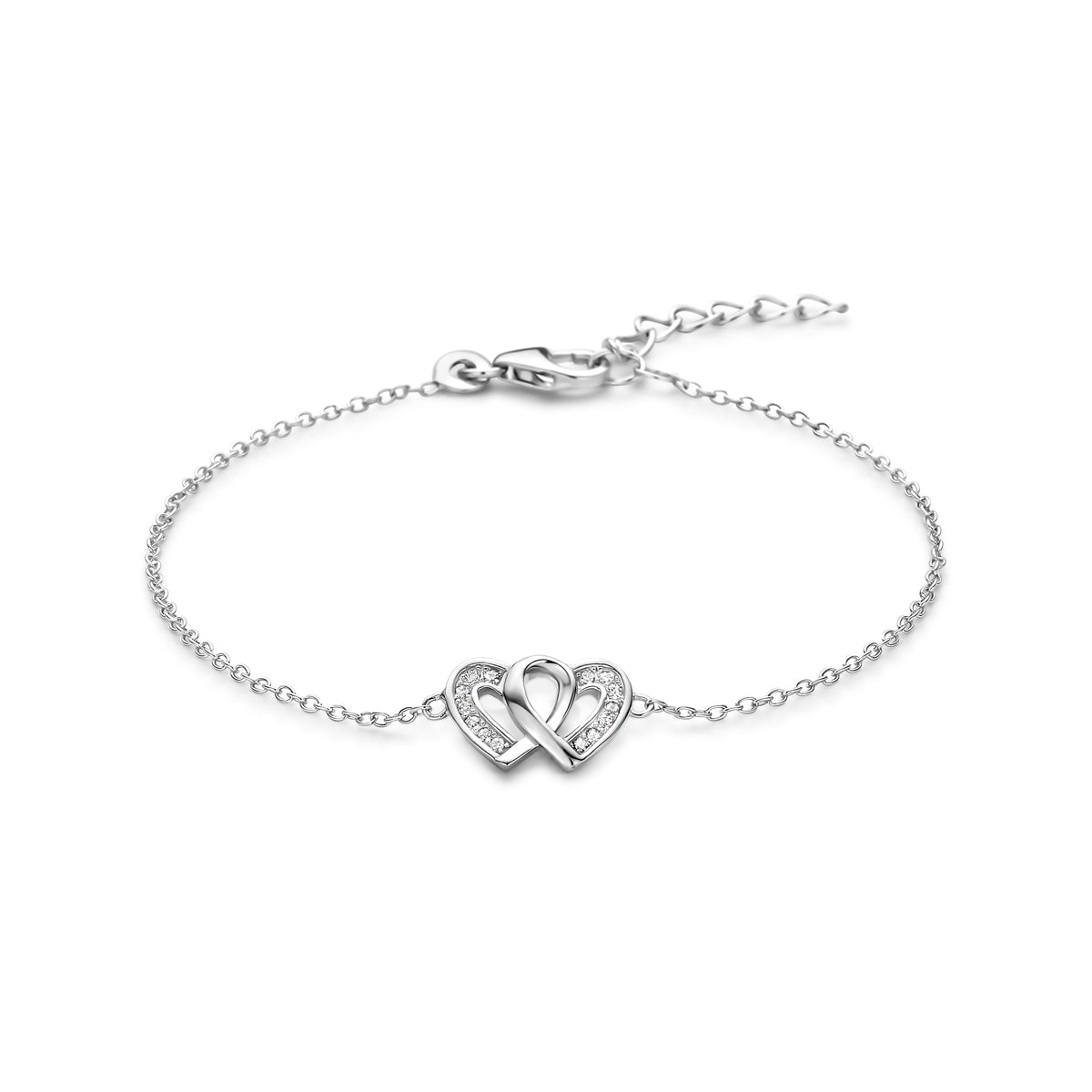 Vooraanzicht van de zilveren armband met hartje en zirkonia.
