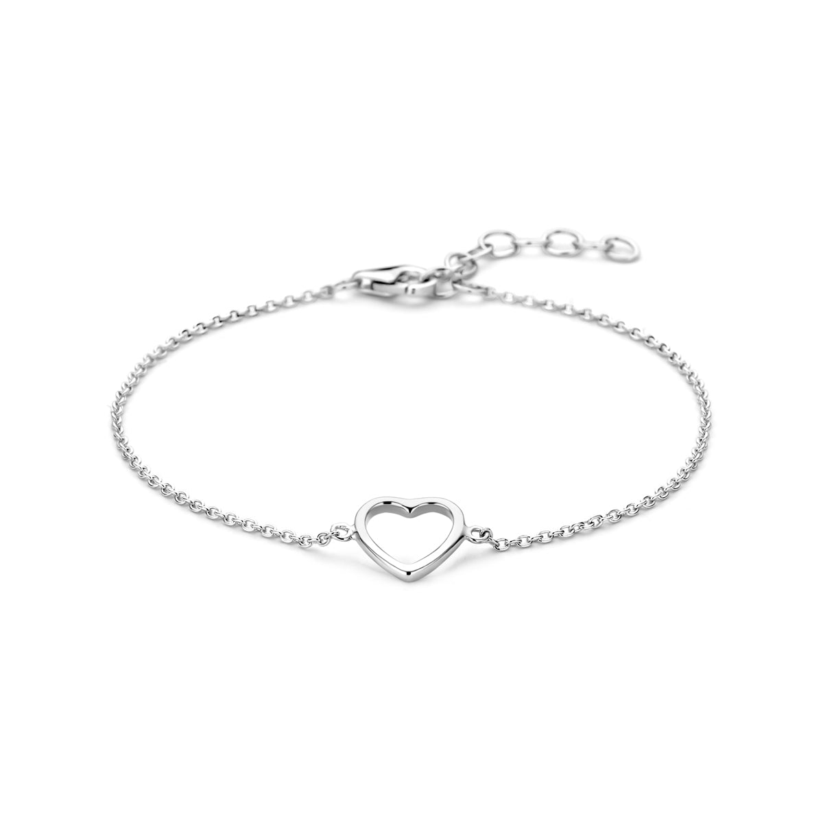 Vooraanzicht van de 925 gerhodineerd zilveren armband met open hartje, 9,5 mm hoog en 9,5 mm breed.