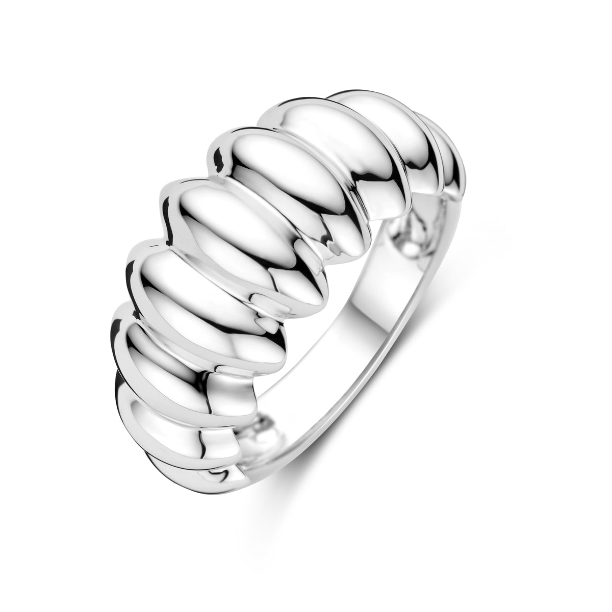 Schuin bovenaanzicht van de zilveren balloon ring.