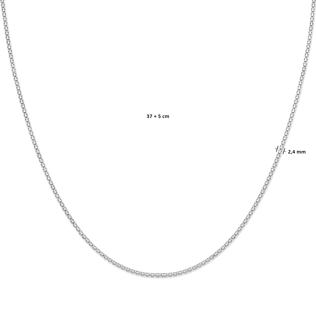 Afmetingen van de zilveren bismarck ketting: draaglengte 37 tot 42 cm, 2,4 mm breed.