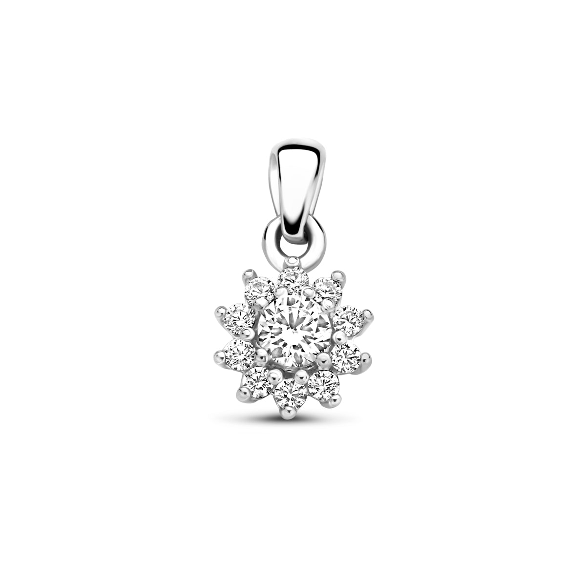 Vooraanzicht van de zilveren bloem hanger met zirkonia.