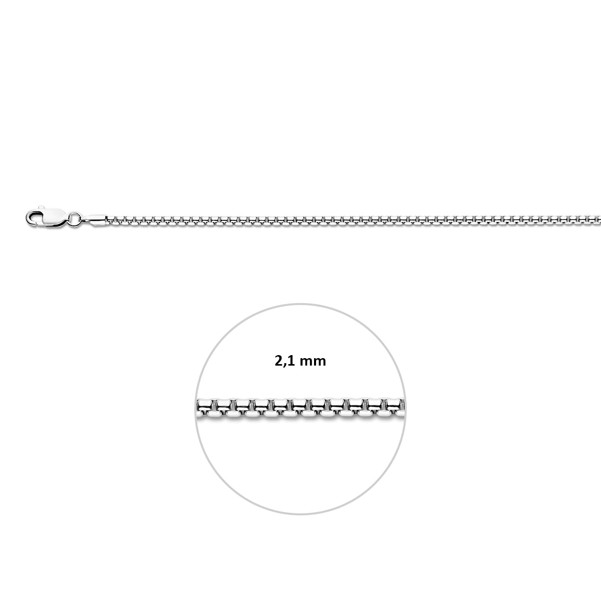 Zilveren venetiaanse ketting: 925 gerhodineerd zilveren bolle venetiaanse halsketting, met de schakelbreedte van 2,1 mm aangegeven