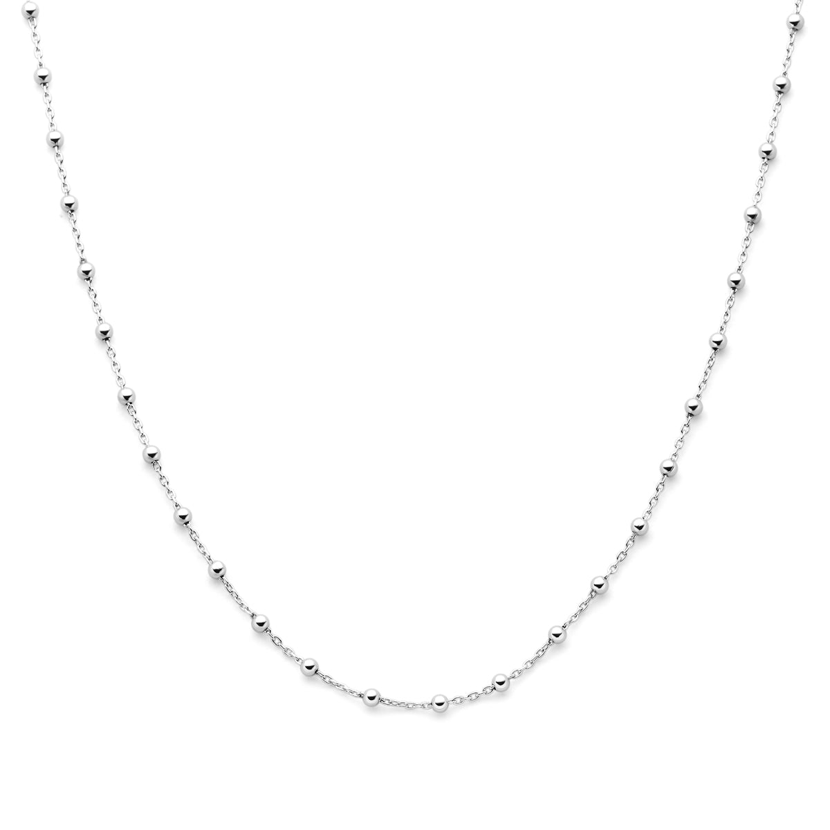 Vooraanzicht van de 925 gerhodineerd zilveren bolletjes ketting, 40 cm lang met verlengstuk tot 44 cm.